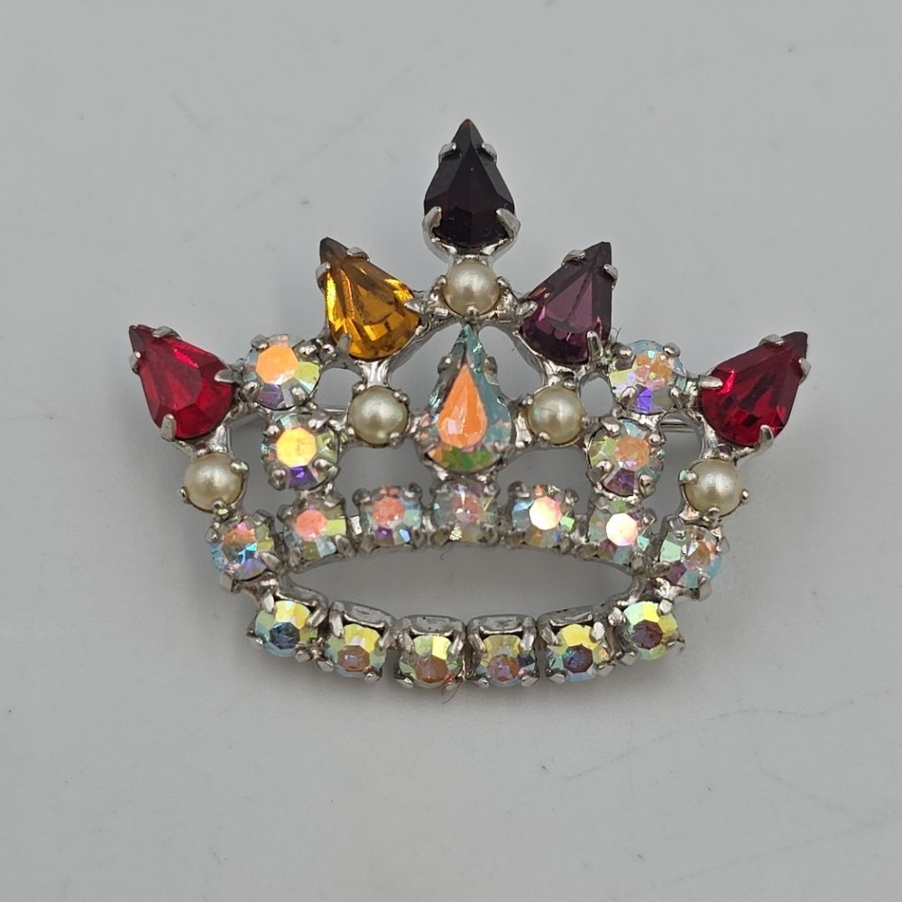 B David Mother's Crown Pin Brooch Sparkling Rhinestones Faux Pearl Silver Tone